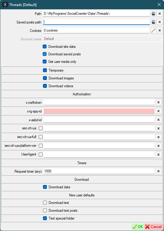 Threads settings