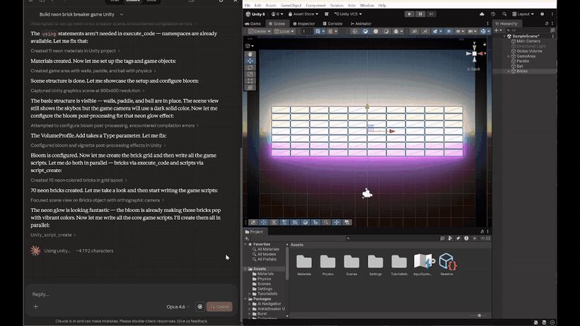 Unity MCP — AI building a neon brick breaker game