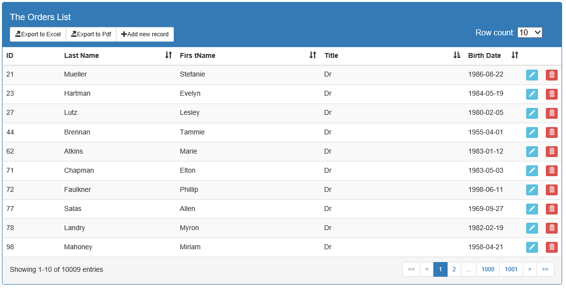 A screenshot of jTable