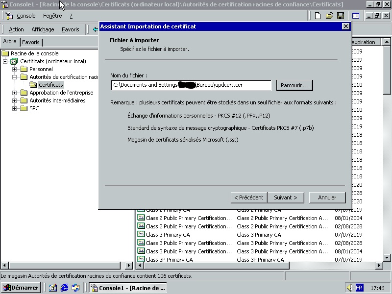 Importing certificate, first page