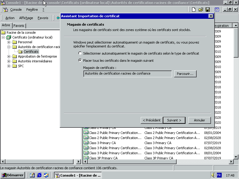 Importing certificate into the Trusted Root Certification Authorities