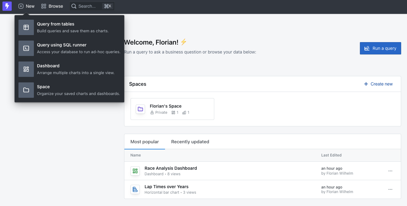 Main view of Lightdash and a click on the new-button