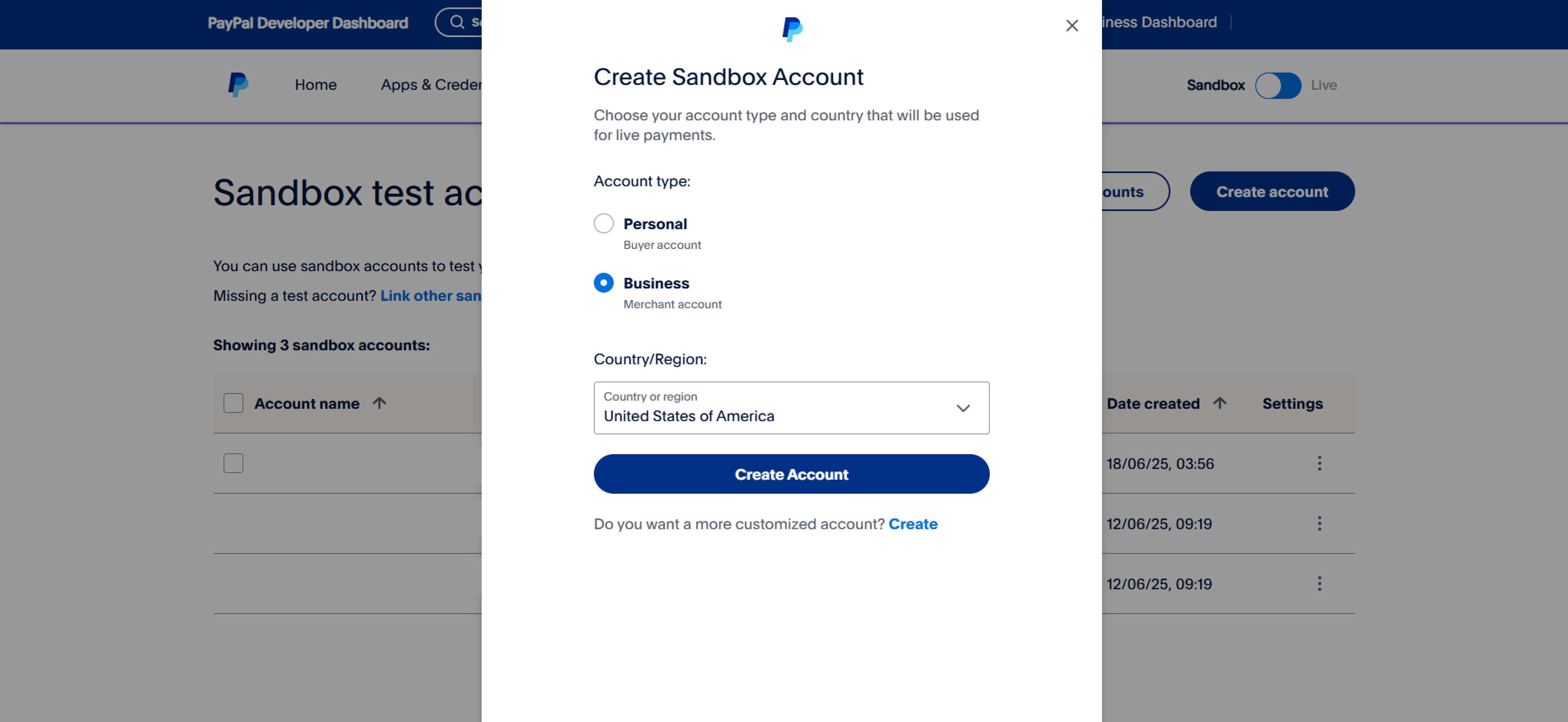 Create business account