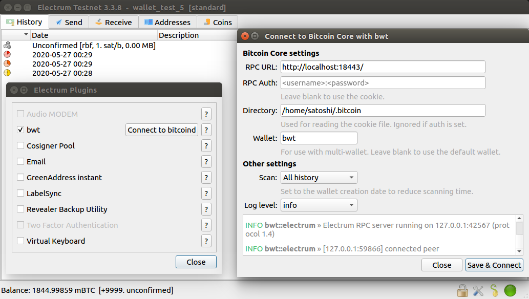 Screenshot of bwt integrated into Electrum
