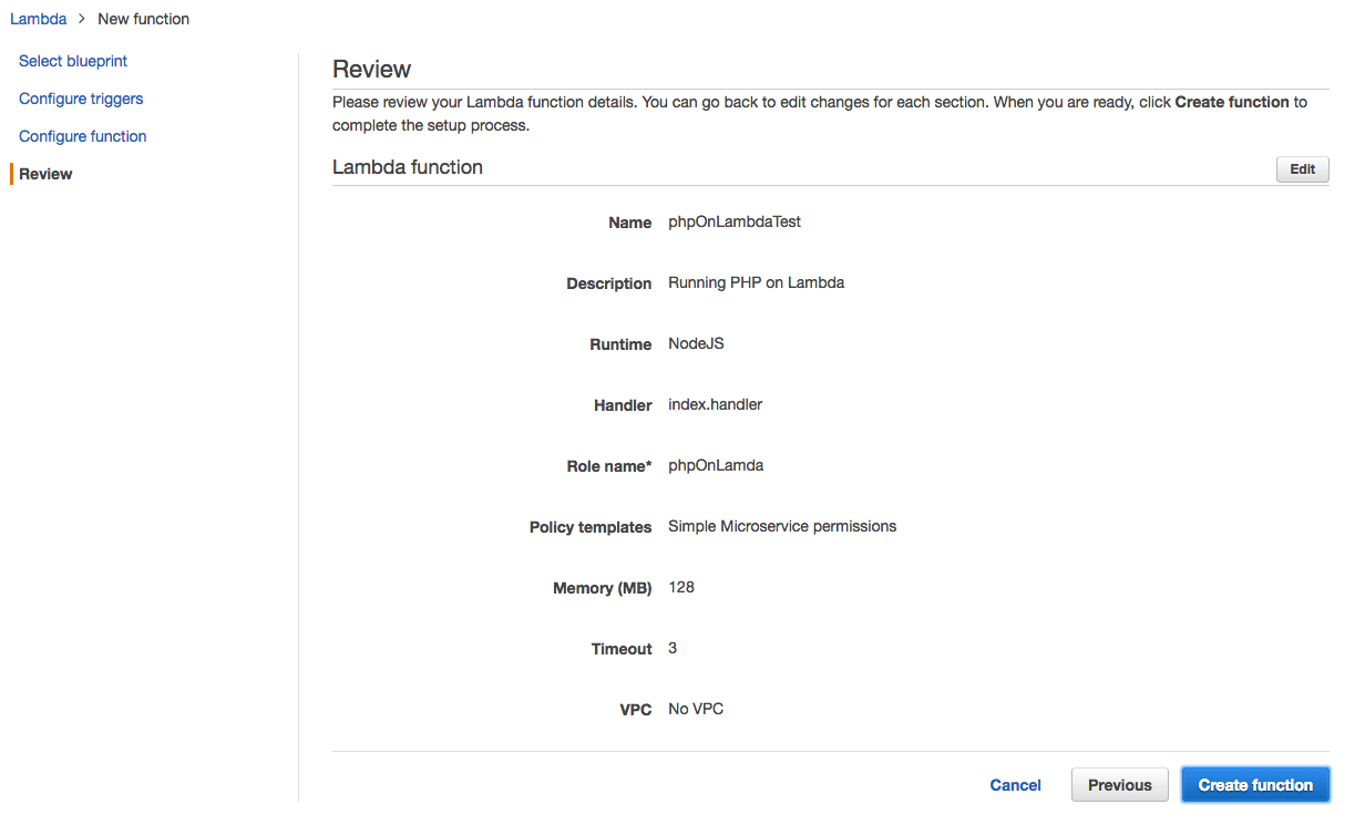 aws lambda php console settings