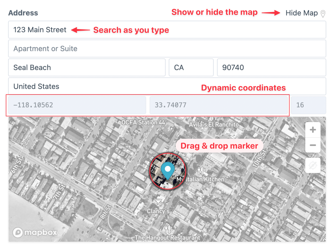 Annotated screenshot of an Address field