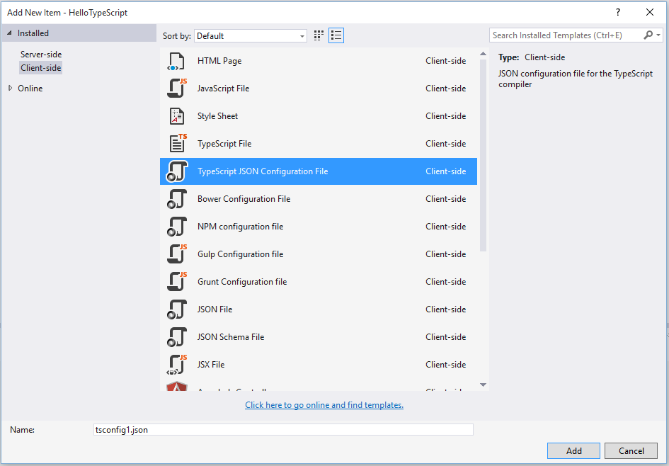 Adding a 'tsconfig.json' file in Visual Studio
