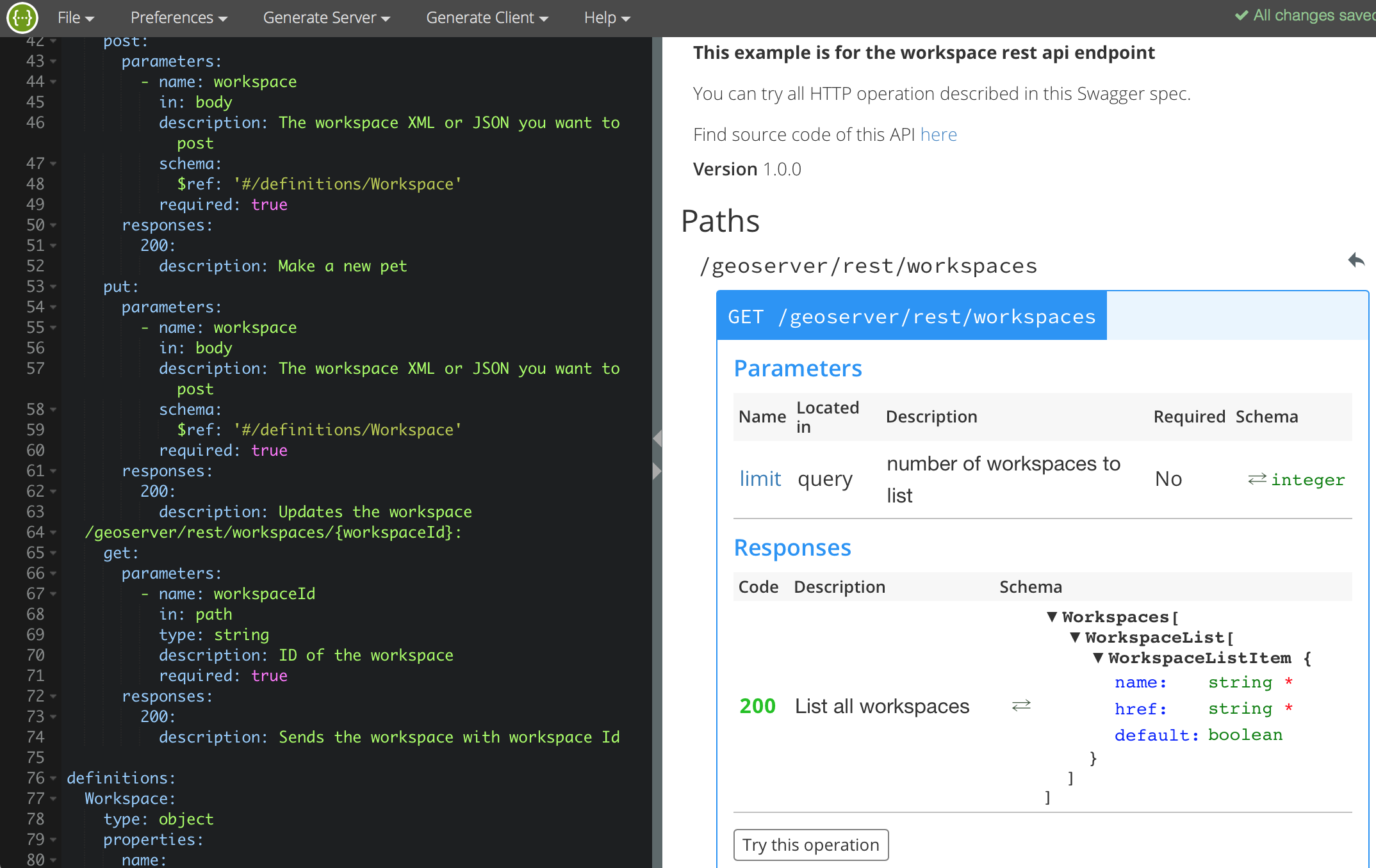 swagger editor example for workspace